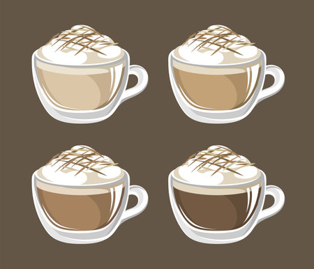 Coffee drink with foam and toppings in a glass mug with different milk ratio set. Clip art vector illustration for cafe shop menu, prints and design elements, etc. Latte, espresso, cappuccino, blackのイラスト素材