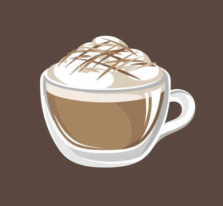 Hot chocolate with foam in a glass mug vector illustration. Clip art for print, cafe, menu, restaurants, coffee shops, etc.のイラスト素材