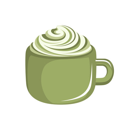 Matcha latte with whipped cream in a small cute green mug. Cafe restaurant menu beverage drink vector illustration.のイラスト素材