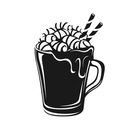Hot chocolate drink with marshmallows, melted choco syrup and straws in tall glass mug silhouette. Detailed flat clip art for christmas, cafe shops, menu designs, etc.のイラスト素材
