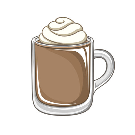 Chocolate beverage drink with whipped cream in tall glass mug clipart vector illustration.のイラスト素材