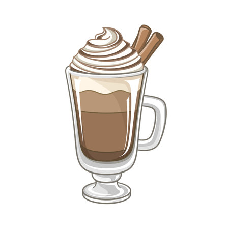 Chocolate beverage drink with whipped cream and cinnamon in tall glass mug clipart vector illustration.のイラスト素材