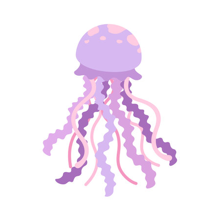 Jellyfish vector art illustration. Underwater marine animal cartoon design. Flat pastel purple and pink monochrome design on dark background.のイラスト素材