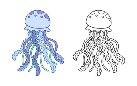 Cute cartoon jellyfish outline set vector art illustration. Underwater marine animal cartoon design. Coloring book page activity for kidsのイラスト素材