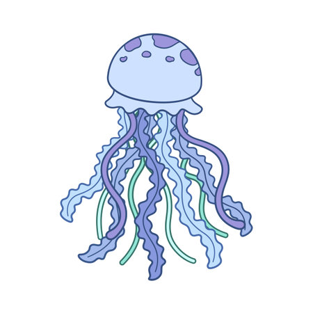 Jellyfish cartoon vector art illustration. Underwater marine animal design. Flat pastel blue and mint green monochrome design on white background.のイラスト素材