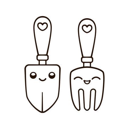 Kawaii garden shovel and hand fork rake cute cartoon outline line art illustration. Gardening farming agriculture coloring book page activity worksheet for kidsのイラスト素材