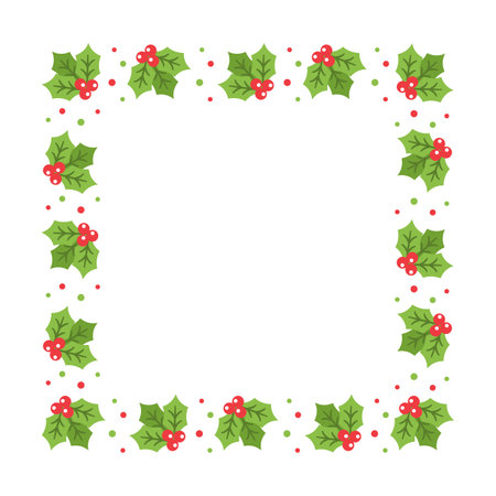 Square Mistletoe Frame, Christmas and New Year Card Template, Winter Holiday Season Plant Design Border. Vector Illustration for greetings, invitation, social media post.のイラスト素材