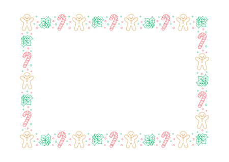 Rectangle Christmas Frame Border. Gingerbread Cookies, Candy Cane and Mistletoe Pattern Winter Holiday Graphics. Social media post template on white background. Isolated vector illustration.のイラスト素材