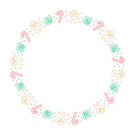 Round Christmas Frame Border. Gingerbread Cookies, Candy Cane and Mistletoe Pattern Winter Holiday Graphics. Social media post template on white background. Isolated vector illustration.のイラスト素材