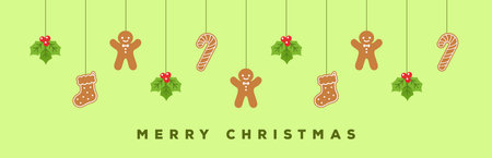 Merry Christmas Border Banner, Hanging Gingerbread Cookies and Mistletoe Garland. Winter Holiday Season Header Decoration. Biscuits in Festive Shapes Template. Vector illustration.のイラスト素材