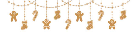 Merry Christmas Border Banner, Hanging Gingerbread Cookies Garland. Winter Holiday Season Header Decoration. Biscuits in Festive Shapes for web banner template. Vector illustration.のイラスト素材