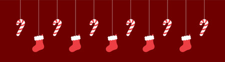 Merry Christmas Border Banner, Hanging Santa Stocking and Candy Cane Garland. Winter Holiday Season Header Decoration. Web Banner Template. Vector illustration.のイラスト素材