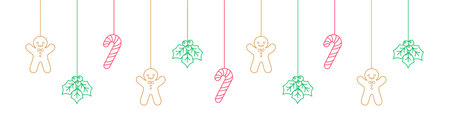 Merry Christmas Border Banner Outline Doodle, Hanging Gingerbread Cookies and Mistletoe Garland. Winter Holiday Season Header Decoration. Festive Ornaments Web Template. Vector illustration.のイラスト素材