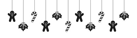 Merry Christmas Border Banner Silhouette, Hanging Gingerbread Cookies Garland. Winter Holiday Season Header Decoration. Web banner template. Vector illustration.のイラスト素材
