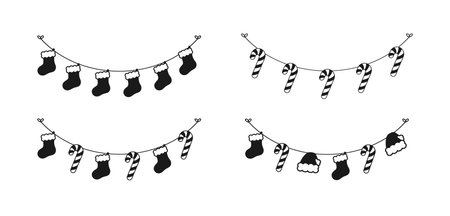 Set of Christmas and winter holiday decoration garland silhouette. Christmas decoration elements collection. Santa hat, stockings, mistletoe, ornaments, candy cane. Vector Illustration.のイラスト素材