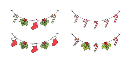 Set of Christmas and winter holiday decoration garland. Christmas decoration elements collection. Santa hat, stockings, mistletoe, ornaments, candy cane. Vector Illustration.のイラスト素材