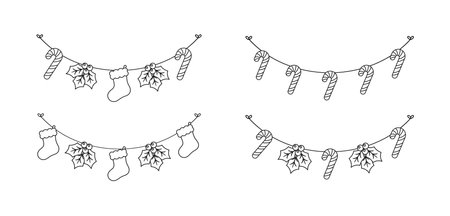 Set of Christmas and winter holiday decoration garland outline doodle. Christmas decoration elements collection. Santa hat, stockings, mistletoe, ornaments, candy cane. Vector Illustration.のイラスト素材