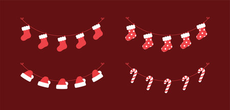 Set of Christmas and winter holiday decoration garland. Christmas decoration elements collection. Santa hat, stockings, mistletoe, ornaments, candy cane. Vector Illustration.のイラスト素材