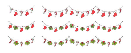 Set of Christmas and winter holiday decoration garland. Christmas decoration elements collection. Santa hat, stockings, mistletoe, ornaments, candy cane. Vector Illustration.のイラスト素材