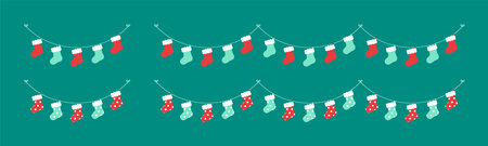Set of Christmas stockings and winter holiday decoration garland. Christmas decoration elements collection. Santa snow socks ornaments vector Illustration.のイラスト素材