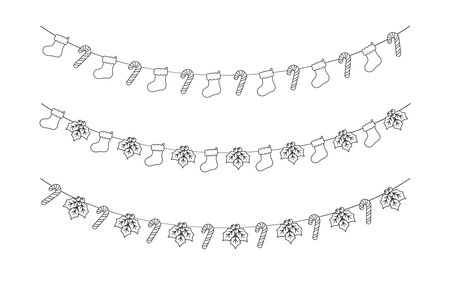 Set of Christmas and winter holiday decoration garland outline doodle. Christmas decoration elements collection. Santa hat, stockings, mistletoe, ornaments, candy cane. Vector Illustration.のイラスト素材