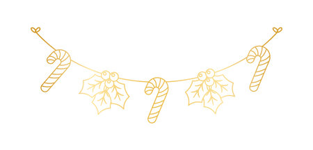 Gold Christmas Mistletoe and Candy Cane Garland Outline Doodle Vector Illustration, Christmas Festive Winter Holiday Season Buntingのイラスト素材