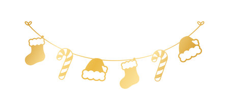 Gold Christmas Stocking and Candy Cane Garland Silhouette Vector Illustration, Christmas Graphics Festive Winter Holiday Season Buntingのイラスト素材