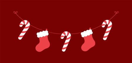Christmas Stocking and Candy Cane Garland Vector Illustration, Christmas Graphics Festive Winter Holiday Season Buntingのイラスト素材