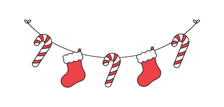 Christmas Stocking and Candy Cane Garland Vector Illustration, Christmas Graphics Festive Winter Holiday Season Buntingのイラスト素材