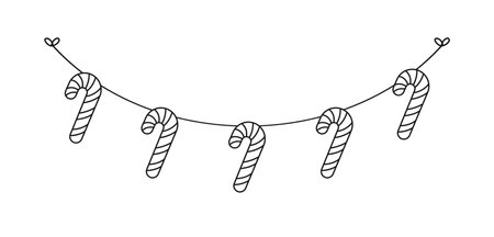 Candy Cane Garland Doodle Line Art Vector Illustration, Christmas Graphics Festive Winter Holiday Season Buntingのイラスト素材