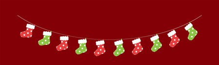 Christmas Stocking Garland Vector Illustration, Christmas Graphics Festive Winter Holiday Season Buntingのイラスト素材