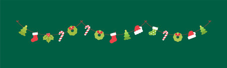 Christmas Garland Vector Illustration, Xmas Graphics Festive Winter Holiday Season Buntingのイラスト素材
