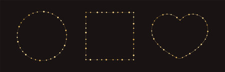 Gold Christmas Fairy Lights Frame Border Set. Abstract geometric golden dots circle frame collection.のイラスト素材