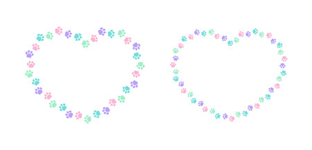 Heart shaped colorful pastel animal paw print frame with copy space set. Cute Valentines Day, animal lover dog paw prints border. Vector illustrationのイラスト素材