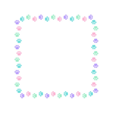 Square colorful pastel animal paw print frame with empty space for your text and images. Cute dog paw prints border. Vector illustrationのイラスト素材
