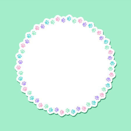 Round colorful pastel animal paw print frame with empty space for your text and images. Cute dog paw prints border. Vector illustrationのイラスト素材