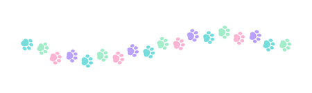 Cute pastel footprints of pets, dog or cat separator border. Paw print pattern, animal track walking vector illustration design element.のイラスト素材