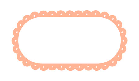 Scalloped Edge Oval Long Frame Badge Vector. Simple label sticker template. Cute vintage frill ornament. Vector illustration isolated on white background.のイラスト素材
