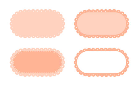Scalloped Edge Stitched Rectangle Long Frame Badge Set. Simple label sticker template. Cute vintage frill ornament. Vector illustration isolated on white background.のイラスト素材