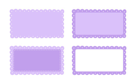 Scalloped Edge Stitched Rectangle Long Frame Badge Vector. Simple label sticker template. Cute vintage frill ornament. Vector illustration isolated on white background.のイラスト素材