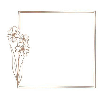 Botanical square frame. Hand drawn line border, leaves and flowers, wedding invitation cards, logo design, posters template. Elegant minimal styleのイラスト素材