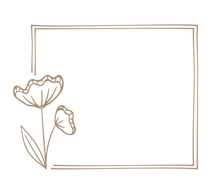 Botanical square frame. Hand drawn line border, leaves and flowers, wedding invitation cards, logo design, posters template. Elegant minimal styleのイラスト素材