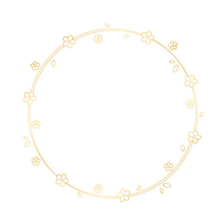 Gold Round Floral Frame Outline Doodle. Spring botanical circle border template, flourish design element for wedding, greeting card.のイラスト素材