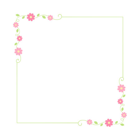 Cute botanical square frame. Hand drawn line border, leaves and flowers, wedding invitation and cards, logo design and posters template. Elegant minimal style floral vector isolatedのイラスト素材