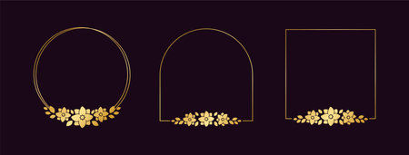 Gold geometric floral frame template set. Luxury golden frame border for invite, wedding, certificate. Vector art with flowers and leaves.のイラスト素材