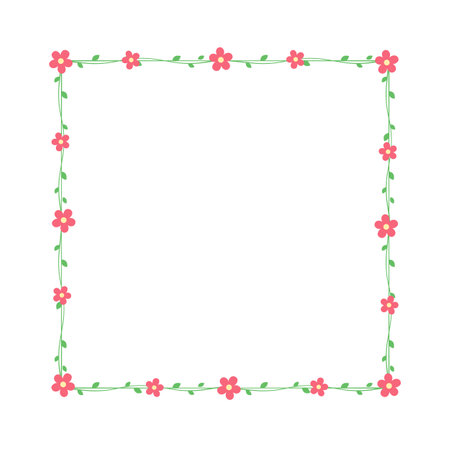 Square red flowers on green vine frames and borders, floral botanical design element vector illustrationのイラスト素材