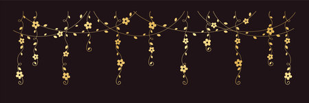 Gold vines with flowers vector illustration. Simple minimal golden floral botanical curtain design elements for spring.のイラスト素材