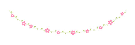 Hanging vines with pink flowers garland vector illustration. Simple minimal floral botanical design elements for spring.のイラスト素材