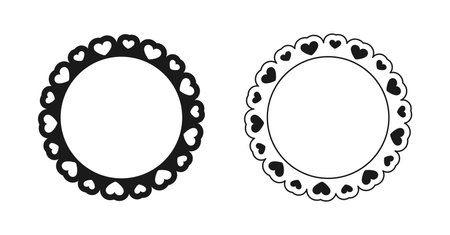 Round scalloped frame with hearts pattern set, Pastel Cute Valentines Frame Borderのイラスト素材