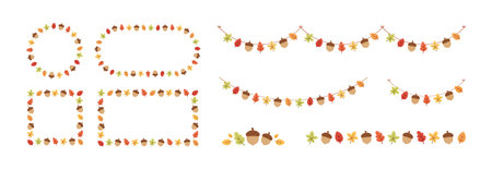 Autumn frames and borders, hanging garlands design, Fall and Thanksgiving botanical graphic elements vector illustration setのイラスト素材